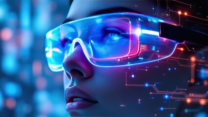 Blue futuristic network interface with glowing nodes representing communication, digital connections, and advanced technology systems.