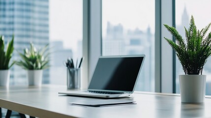 Fototapeta premium Eco-Friendly and Naturally Lit Office Workspace by Large Window with Green Plants