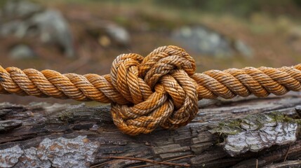 Fototapeta premium A close-up of a knotted rope tied around a weathered wooden log, against a blurred background of trees and rocks.