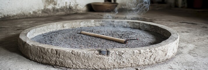 Fototapeta premium A circular incense holder with smoke rising from a stick placed in a bed of ash.