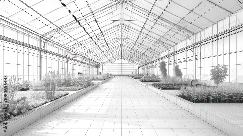 Poster Wireframe of a greenhouse with plants in rows on either side of a central path.