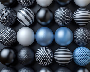 Fototapeta premium 3D geometric shapes practice. Spheres in various patterns and colors, including metallic and matte finishes, create visually striking arrangement.