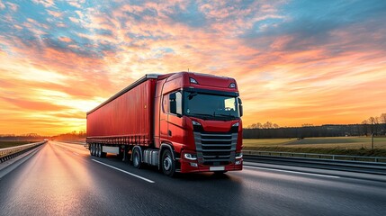 Red semi-truck driving on highway at sunrise.