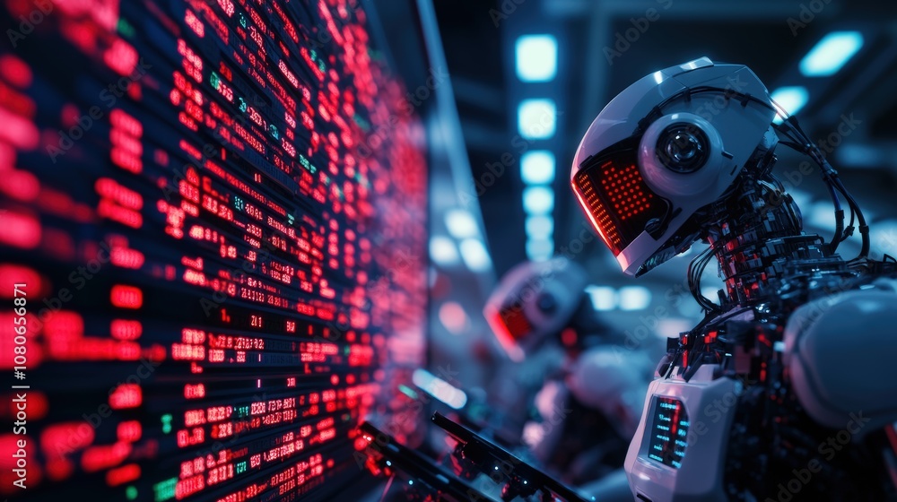Poster futuristic robots analyzing data with red digital screens in high-tech environment. ai and innovatio