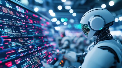 Futuristic robots analyzing data on digital screens in a high-tech environment with blue lighting.