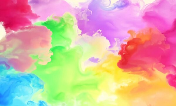 Colorful watercolor background of abstract sunset sky with puffy clouds in bright rainbow colors of pink green blue yellow and purple