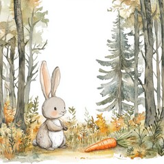 water color illustration of composition of bunny and carrot for children's books on white background