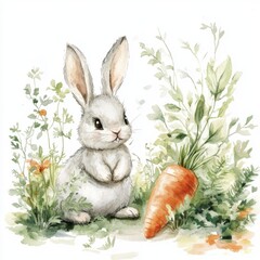 water color illustration of composition of bunny and carrot for children's books on white background
