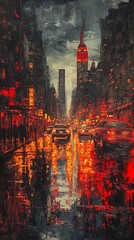 Fototapeta premium A rainy evening in the city with reflections of lights on the wet asphalt.