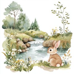 water color illustration of composition of bunny and river for children's books on white background