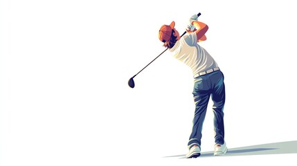 a 2D cartoon illustration of a golfer swinging a club, calm and focused, white background--ar 16:9