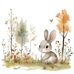 water color illustration of composition of bunny in forest for children's books on white background
