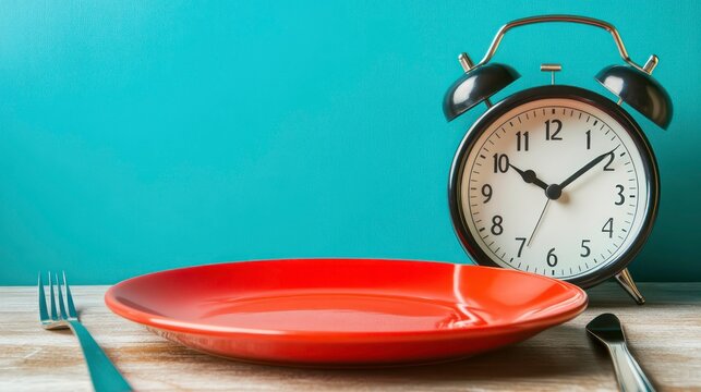 A red plate with fork and knife beside a black alarm clock on wooden table.