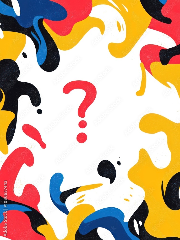 Poster a colorful abstract design featuring swirling shapes surrounding a central question mark.