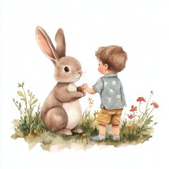 water color illustration of composition of bunny and boy for children's books on white background