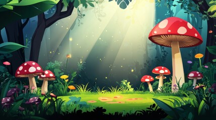 Fototapeta premium Captivating forest scene, mushrooms under sunlight, ample space for text