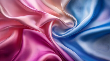 Fototapeta premium Abstract Pink and Blue Silk Fabric Draped Background, Elegant Swirling Gradient Texture, Smooth Shiny Surface, Luxurious Soft Material, Pastel Color Palette, Fashion Textile Design