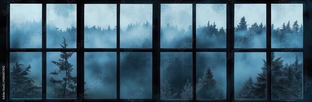 Aufkleber a serene view through a window shows misty trees and fog, creating a tranquil and atmospheric scene.