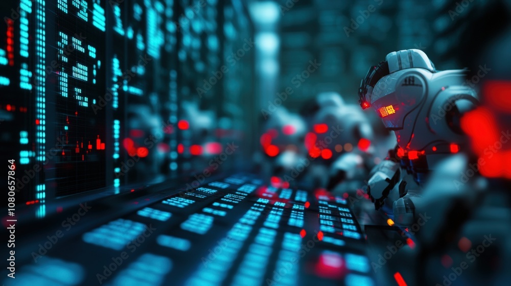 Poster futuristic robots working in a high-tech digital data center with glowing blue and red lights.
