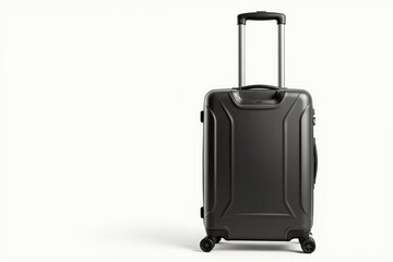 Sleek black suitcase on wheels isolated on white background for travel and luggage concepts.