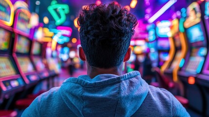 Obraz premium A person with curly hair wearing a hoodie stands in an arcade surrounded by glowing neon lights and slot machines, creating a vivid, energetic atmosphere.