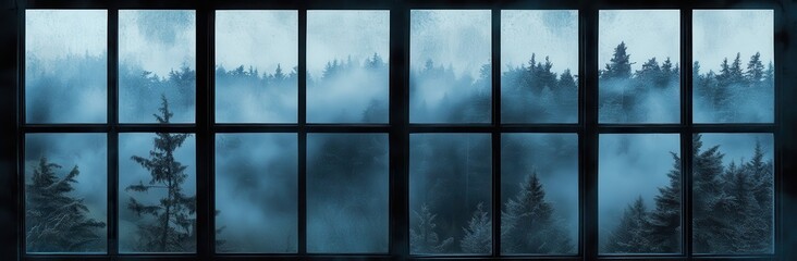 A serene view through a window shows misty trees and fog, creating a tranquil and atmospheric scene.