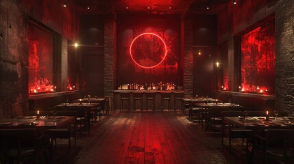 An empty bar with a red neon circle and red lighting, illuminated in an urban setting.