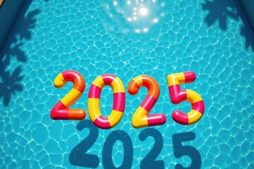 Colorful inflatable numbers floating in pool water representing new year 2025.