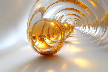 Obraz premium 3D geometric shapes practice. Golden spheres in helical arrangement create mesmerizing visual effect, reflecting light and enhancing depth of scene. smooth, glossy surface adds elegance and intrigue