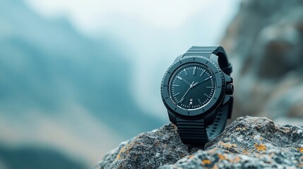 Rugged Outdoor Digital Watch on Cliffside Rock with Mountain Landscape