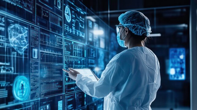 A female scientist in a lab coat and face mask interacts with a large digital screen displaying data and charts.