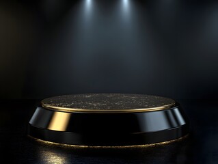 A sleek, illuminated stage with a glossy black surface, designed for presentations or performances.