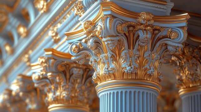 This image showcases the intricate and detailed design of classical architectural columns adorned with ornate gold and white embellishments