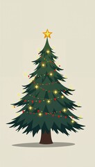 Fototapeta premium Simple and colorful cartoon Christmas tree with lights and decorations, festive design, holiday spirit