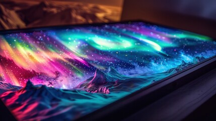 A close-up of a framed artwork depicting a vibrant aurora borealis over a snowy mountain range.