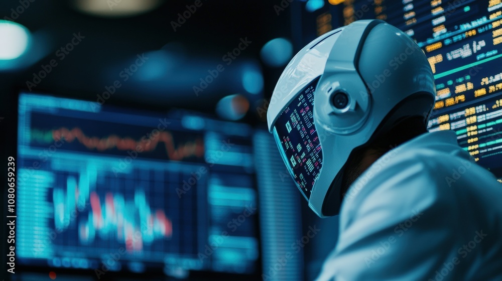 Poster futuristic setting with helmeted individual analyzing data on multiple high-tech screens in a digita