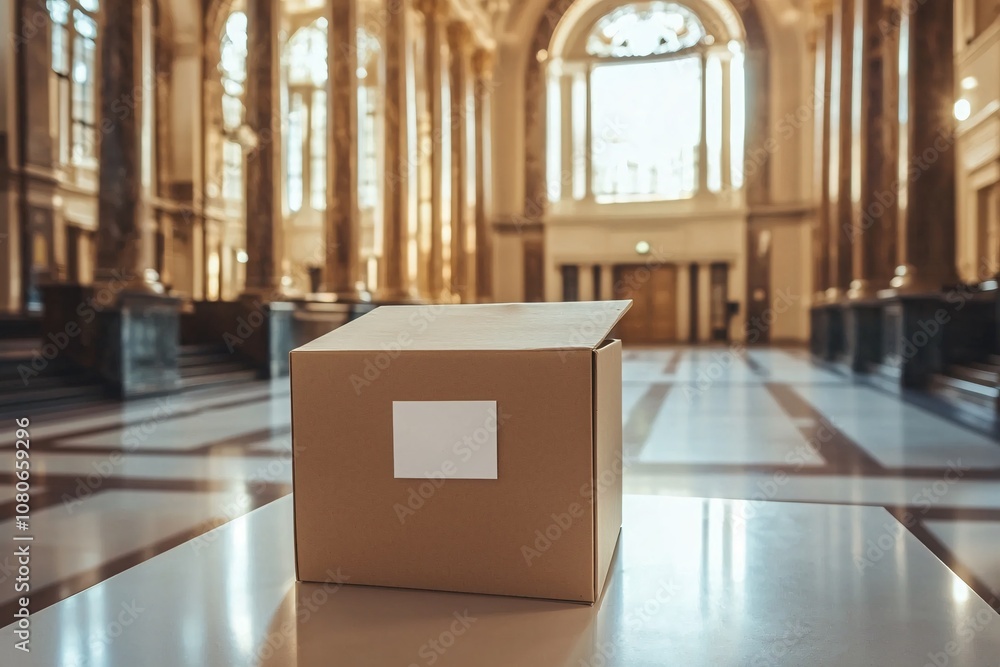 Poster cardboard box on table in grand hall with marble floor and columns