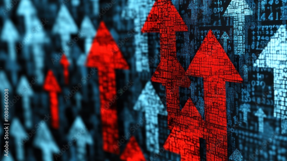 Poster red and blue arrow graphics on digital data background symbolizing growth and analytics