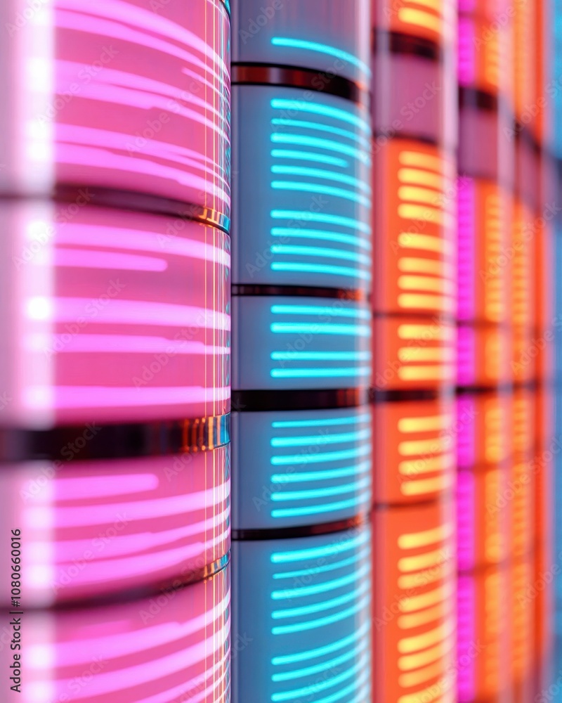 Aufkleber A vivid display of stacked cylindrical shapes with colorful glowing stripes, creating a futuristic and dynamic visual effect.