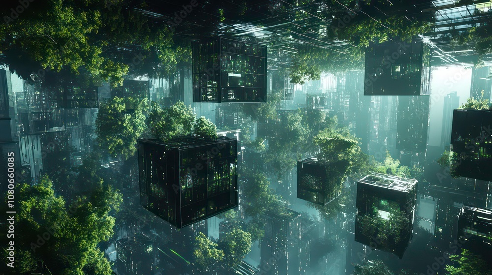 Poster a futuristic city with floating cubes covered in greenery, surrounded by a dense forest.