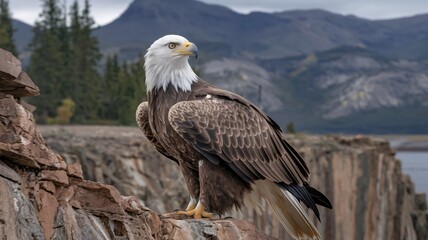 Sharp-Eyed Eagle Perched on Cliff, Gazing Over Dramatic Landscape
