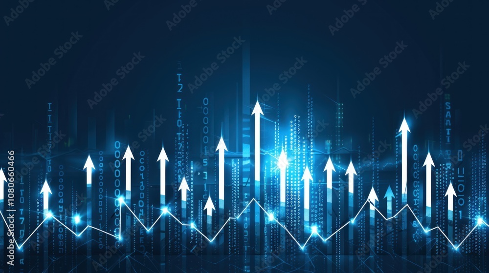 Poster financial growth and data analysis with rising arrows on digital chart background