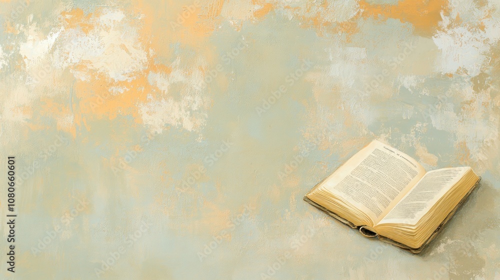 Aufkleber an open book on a softly colored abstract background.