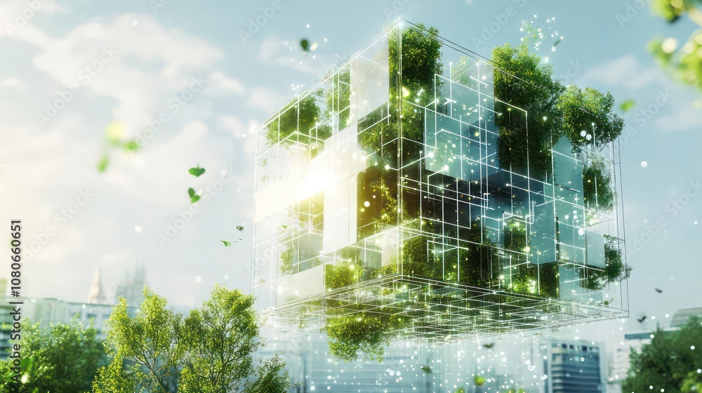 Aufkleber Innovative growth in digital cube architecture: blending technology and information, cloud insights with connectivity design, green computing, ethical sustainability in it