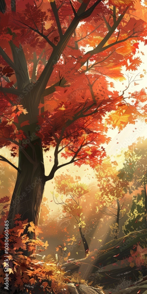 Poster a tree with red leaves is the main focus of the image. the leaves are falling from the tree, creatin