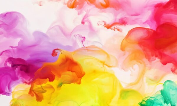 Colorful watercolor background of abstract sunset sky with puffy clouds in bright rainbow colors of pink green blue yellow and purple