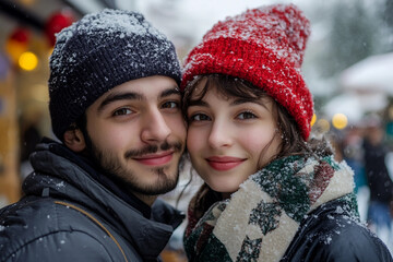 Fototapeta premium Generative AI image of joyful winter Christmas fair with snow falling festive lights, perfect for holiday and celebration themes