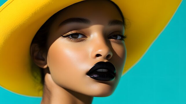 A fashion model with black lipstick and a large yellow hat against a bright background, creating an elegant and modern look