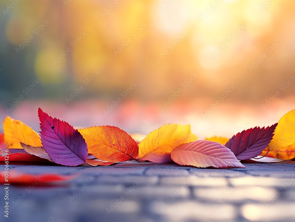 Poster a row of colorful autumn leaves on a stone pathway with a warm, blurred sunset in the background.