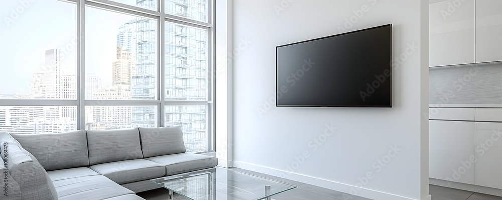 Poster modern minimalist studio apartment with city views - sleek design space-efficient layout and airy at
